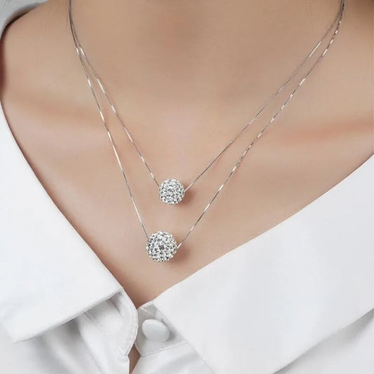 925 Sterling Silver Jewelry Double Lucky Crystal Ball Pendant Necklaces