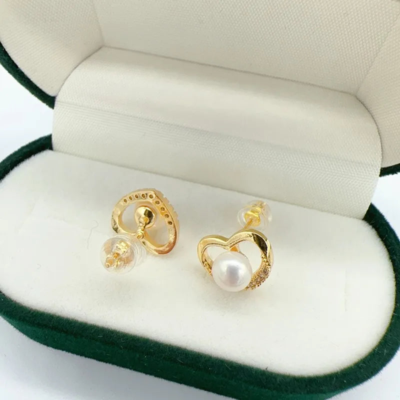 14K Gold Filled Heart Pearl Stud Earrings for Women