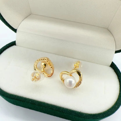 14K Gold Filled Heart Pearl Stud Earrings for Women