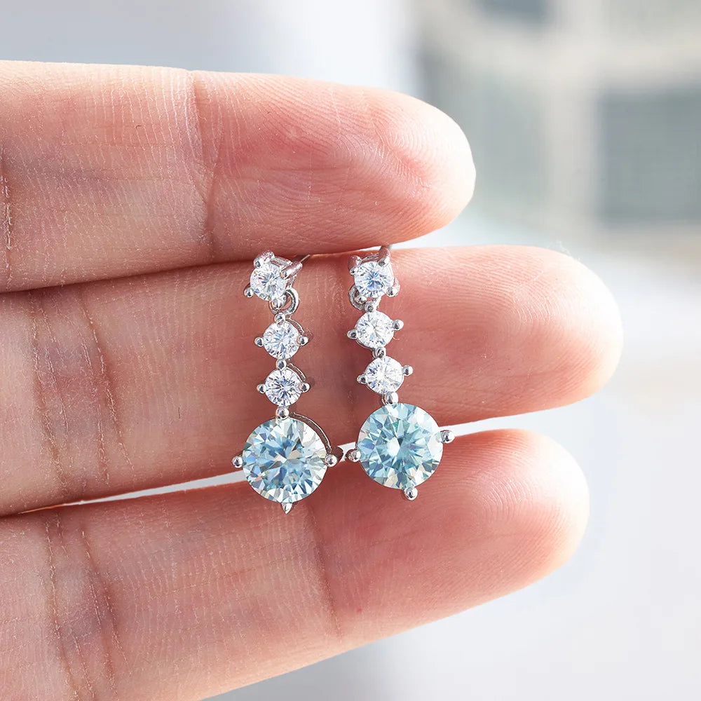 925 Sterling Silver 1 Carat Blue Color Moissanite Women Drop Earrings