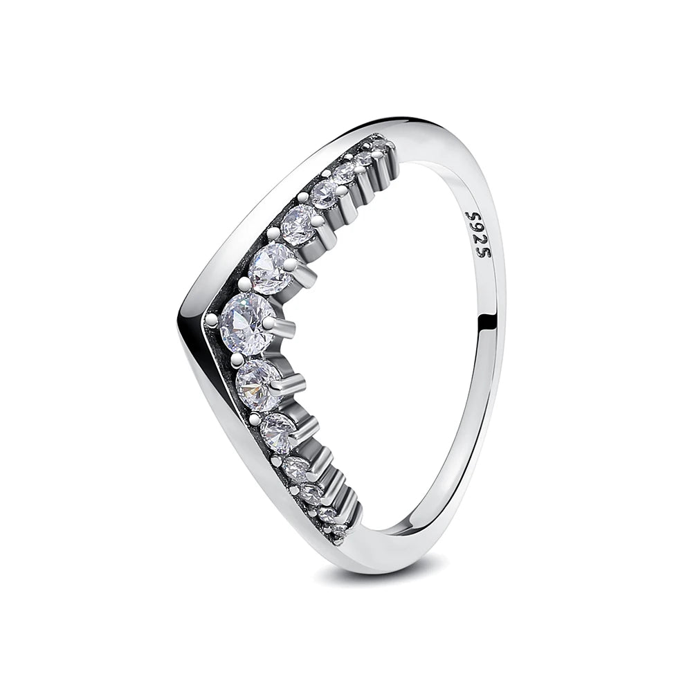 925 Sterling Silver Love Heart Crown Wishbone Zircon Ring