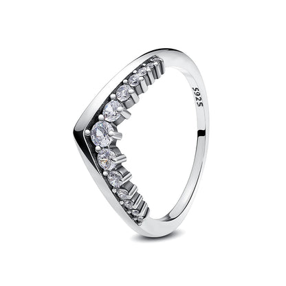 925 Sterling Silver Love Heart Crown Wishbone Zircon Ring