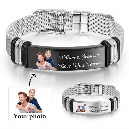 Personalized Picture Unisex Bracelet Custom Stainless Steel Engraved Photo & Text Name Adjustable ID Bracelet