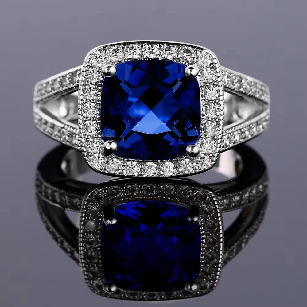 925 Silver Colorful Cubic Zirconia 9mm Cushion Cut Ring Jewelry