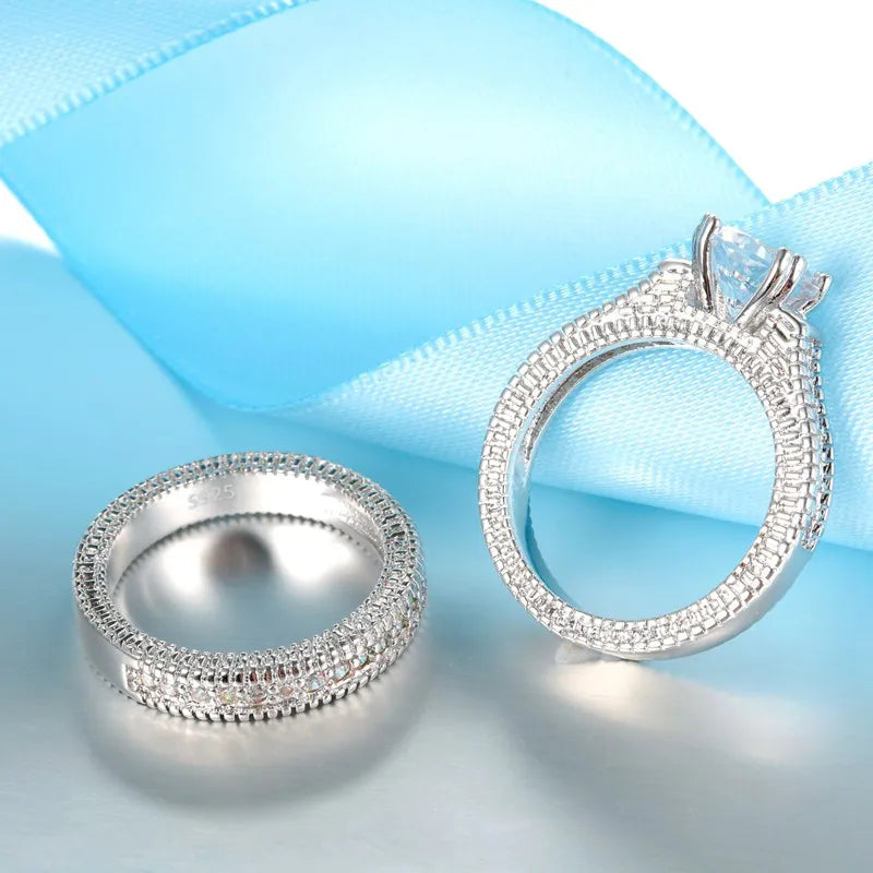 Elegant 925 Sterling Silver Couple Cubic Zircon Stone Rings