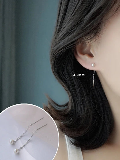 925 Sterling Silver Tassel Pearl Earrings – Elegant Korean Style for Women