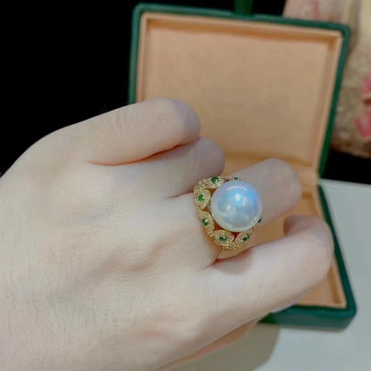 Big White Pearl Flower Ring – K Yellow Gold Women’s Cocktail Wedding Jewelry