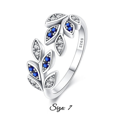 925 Silver Color with Blue Zircon Butterfly Leaf Flower Rings