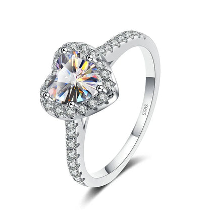 1.0Ct 6.5mm Heart Shape Moissanite Solitaire 925 Sterling Silver Diamond Rings