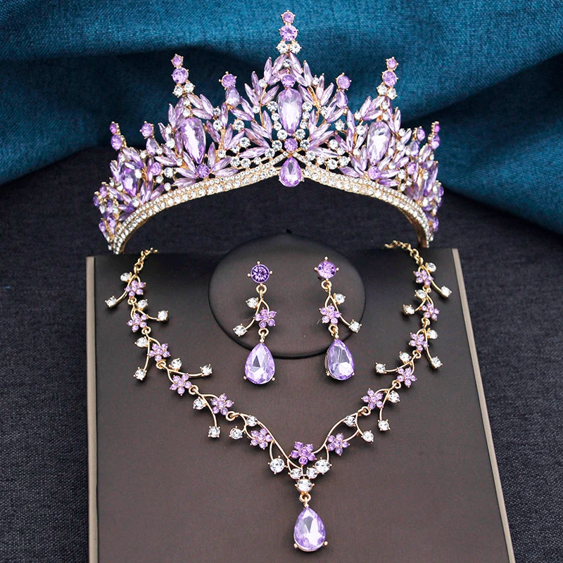 Baroque Wedding Crown for Bride 3-pack Tiara Earrings Necklace Bridal Jewelry Set
