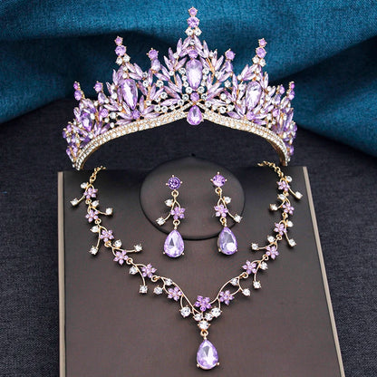 Baroque Wedding Crown for Bride 3-pack Tiara Earrings Necklace Bridal Jewelry Set