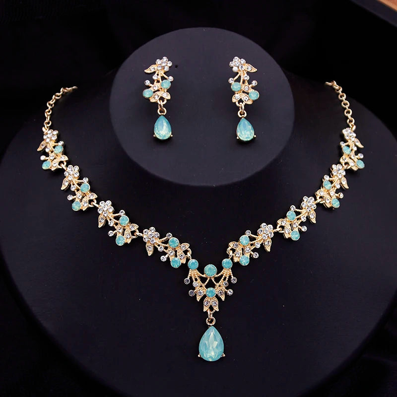Blue Crown Bridal Jewelry Sets for Women Opal tiara Necklace Earrings Sets