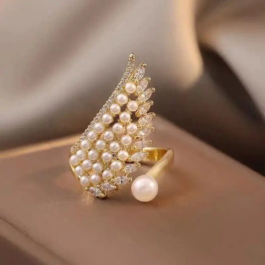 Elegant Adjustable Angel Wing Pearl Ring – Luxury Women's Charm Jewelry