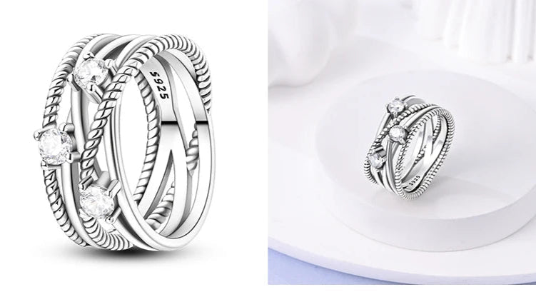 925 Sterling Silver Geometric Overlapping Zircon Rings