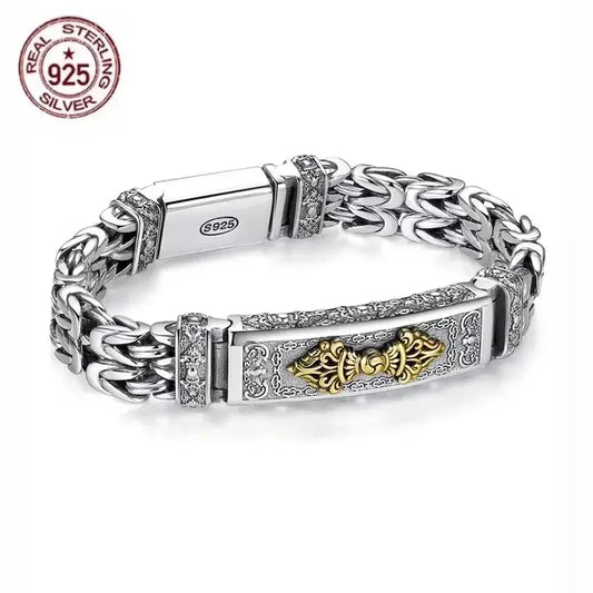 Solid S925 Sterling Silver Retro Men’s Bracelet | Diamond Pestle Peace Symbol Chain, Handmade Hipster Jewelry, Unique Vintage Design