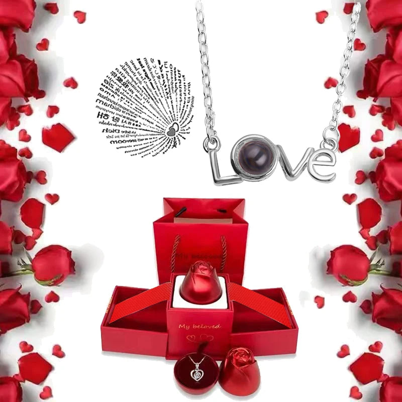 I Love You Projection S925 Necklace – 100 Languages with Rose Gift Box