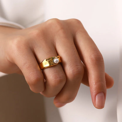 Stainless Steel Geometric Gold Ring with Imitation Pearls for Women