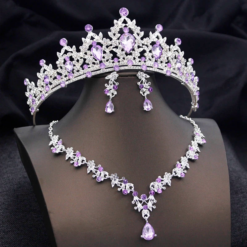 Opal Blue Princess Bridal Jewelry Set – Tiara Crown Necklace Earrings