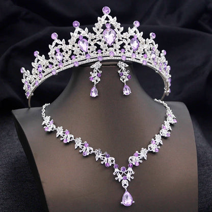 Opal Blue Princess Bridal Jewelry Set – Tiara Crown Necklace Earrings