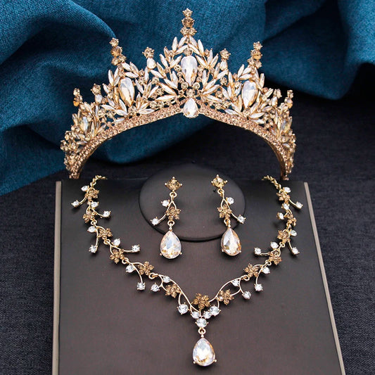 Baroque Wedding Crown for Bride 3-pack Tiara Earrings Necklace Bridal Jewelry Set