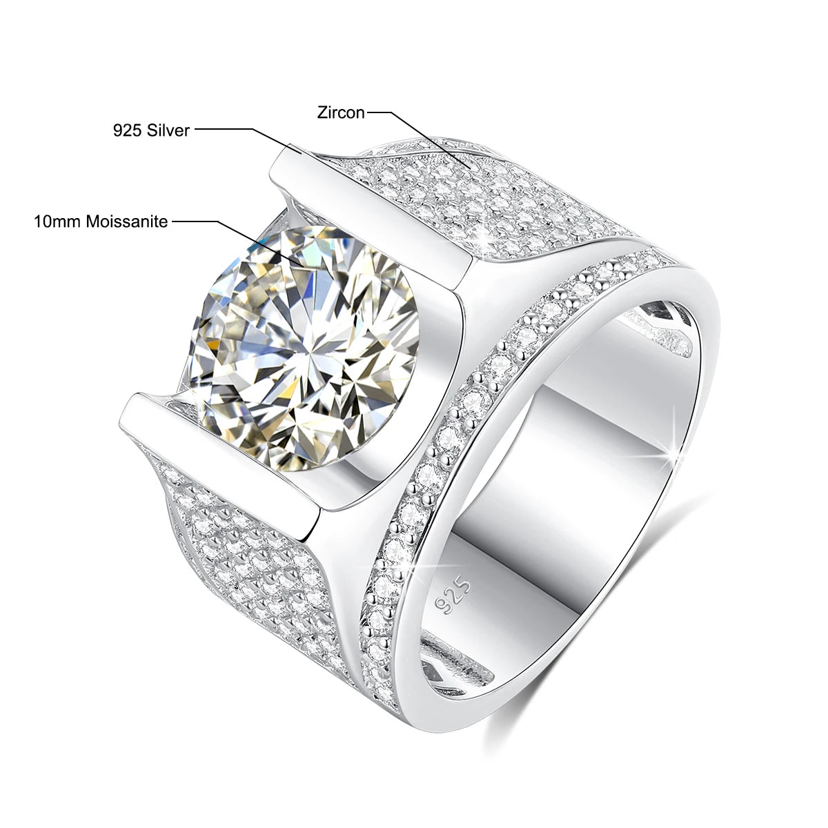 4CT, 10MM Moissanite Men’s Ring 925 Silver Hip Hop Jewelry With Certificate