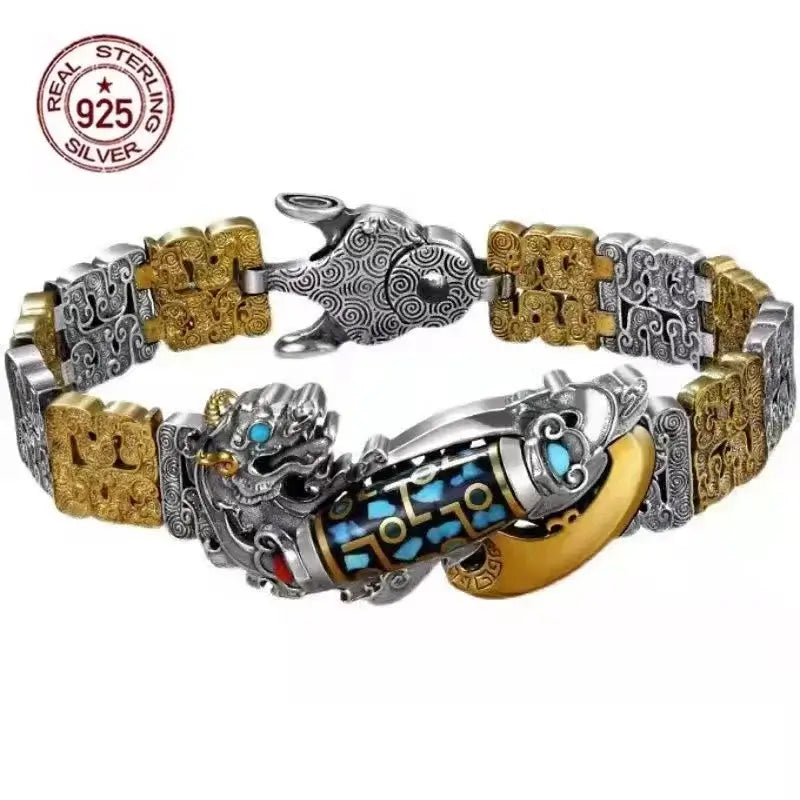 Handmade S925 Sterling Silver Nine-Eye Pearl PiXiu Bracelet for Men | Retro Tibetan Design, Wealth & Protection Amulet, Unique Handmade Gift