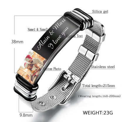 Personalized Picture Unisex Bracelet Custom Stainless Steel Engraved Photo & Text Name Adjustable ID Bracelet