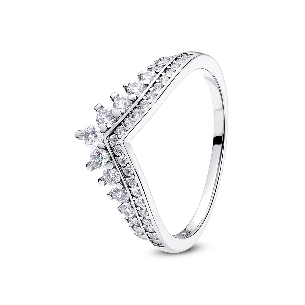 925 Sterling Silver Love Heart Crown Wishbone Zircon Ring