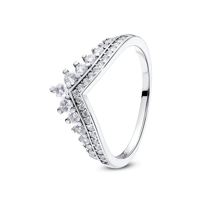 925 Sterling Silver Love Heart Crown Wishbone Zircon Ring