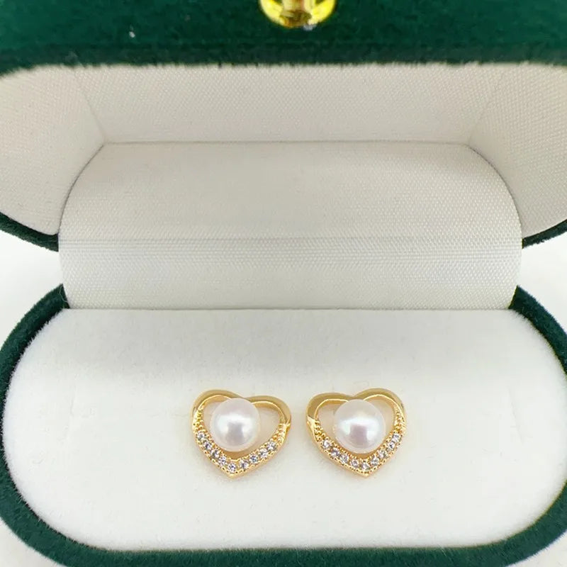 14K Gold Filled Heart Pearl Stud Earrings for Women