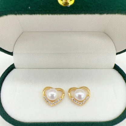 14K Gold Filled Heart Pearl Stud Earrings for Women