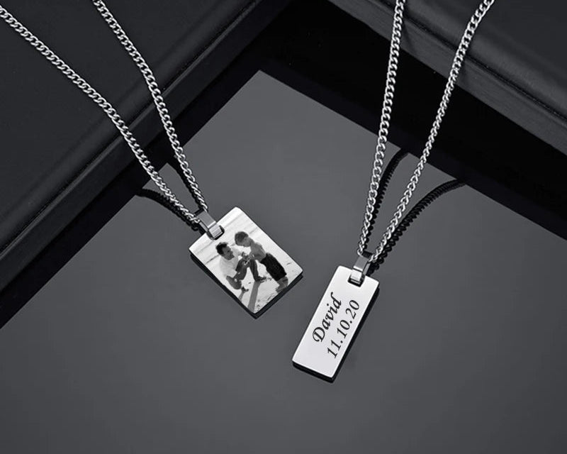 Unisex Custom Photo Name Rectangle Pendant Necklace Stainless Steel