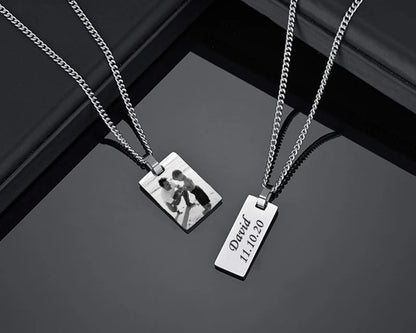 Unisex Custom Photo Name Rectangle Pendant Necklace Stainless Steel