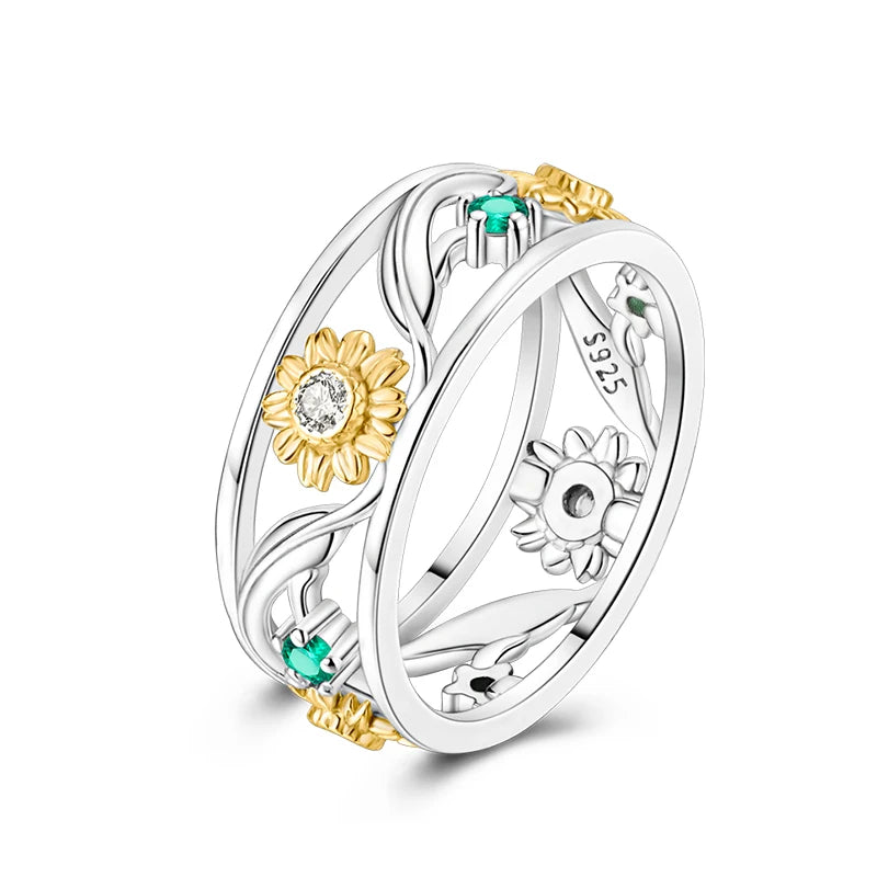 925 Silver Hollow Ring Size 6-9 Flower Sun Design