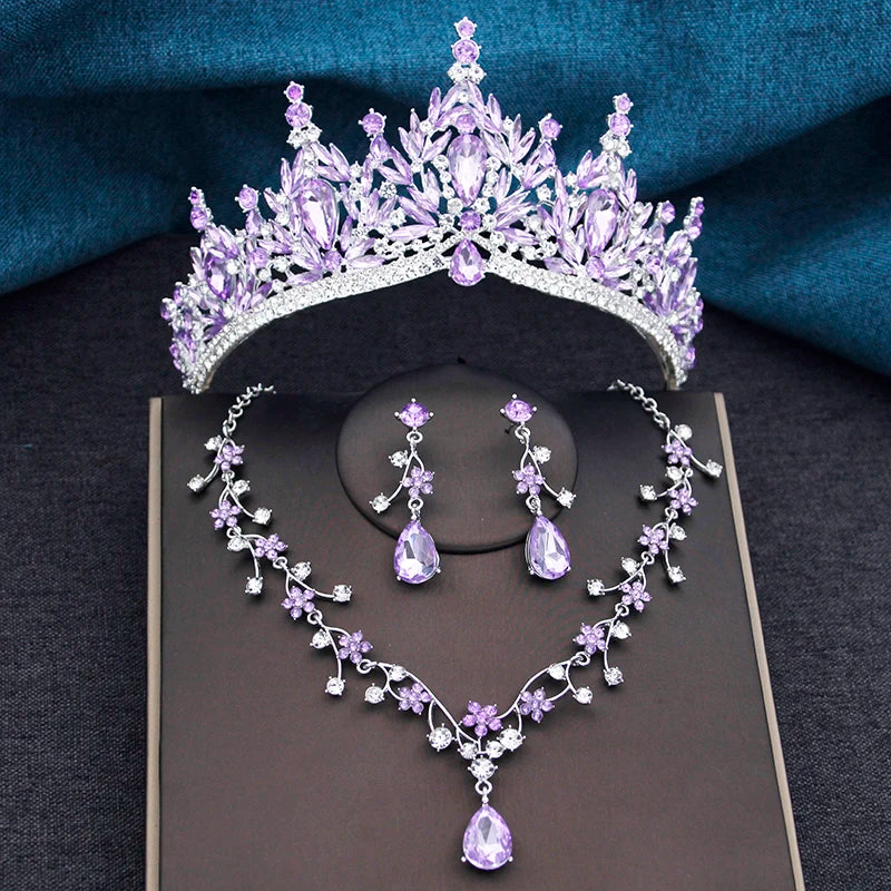Baroque Wedding Crown for Bride 3-pack Tiara Earrings Necklace Bridal Jewelry Set