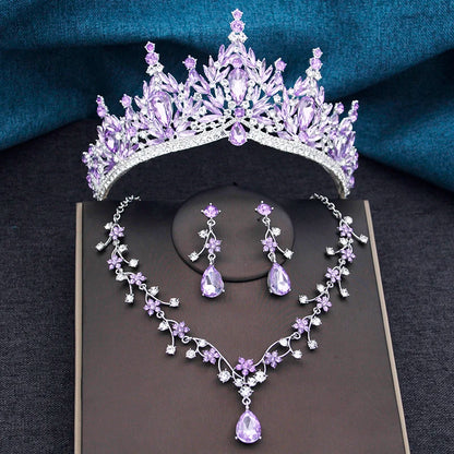 Baroque Wedding Crown for Bride 3-pack Tiara Earrings Necklace Bridal Jewelry Set