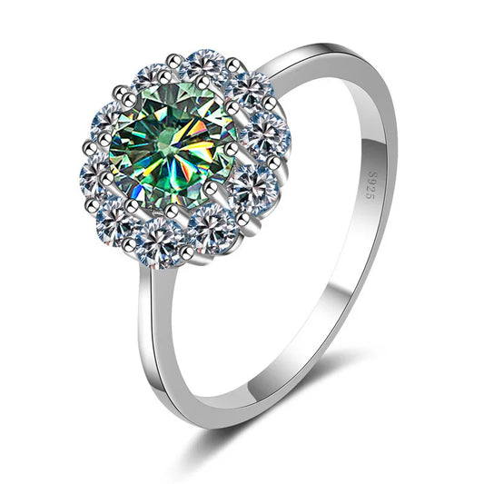 Round Cut Flower Shape 1CT Blue Green Moissanite Ring S925 Silver