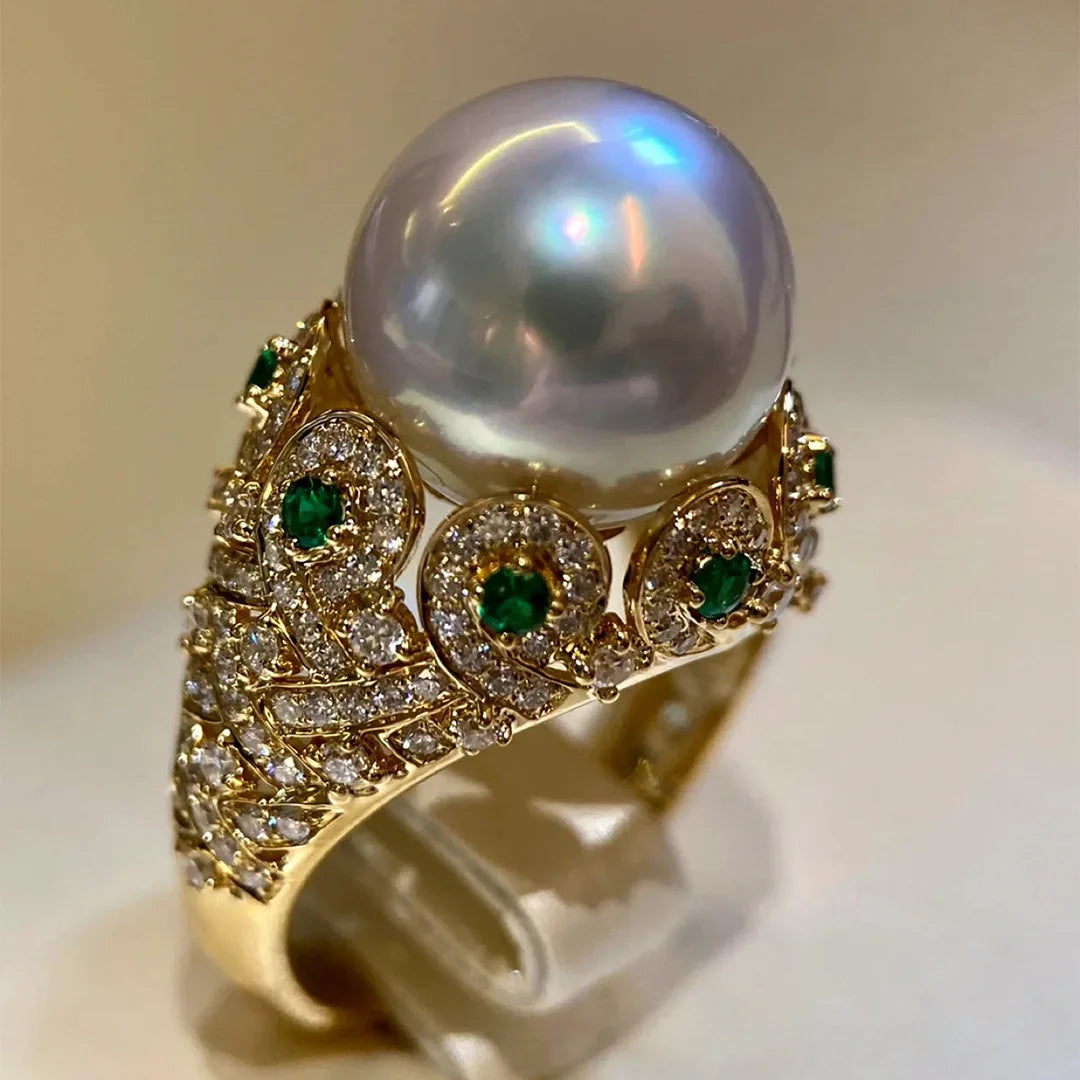 Big White Pearl Flower Ring – K Yellow Gold Women’s Cocktail Wedding Jewelry