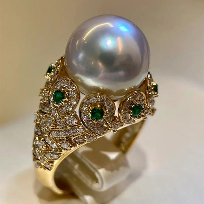 Big White Pearl Flower Ring – K Yellow Gold Women’s Cocktail Wedding Jewelry