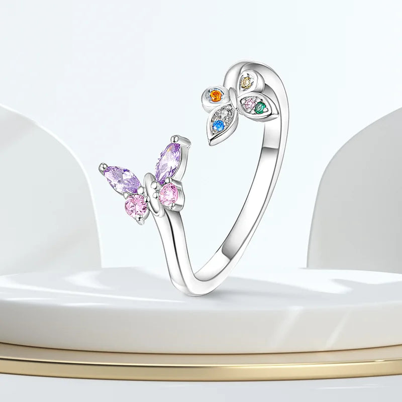 925 Silver Color with Blue Zircon Butterfly Leaf Flower Rings
