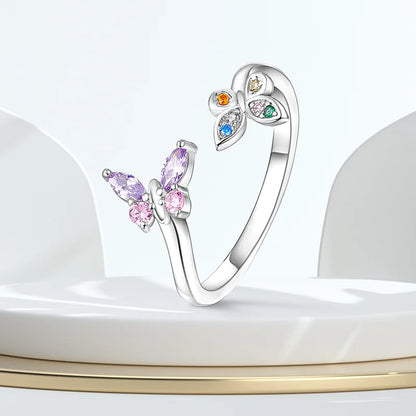 925 Silver Color with Blue Zircon Butterfly Leaf Flower Rings