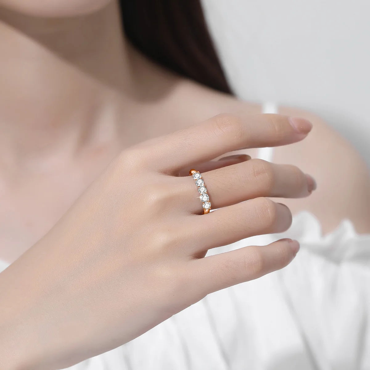 5 Stone Moissanite Ring Silver 925 100% Rose Gold Plated