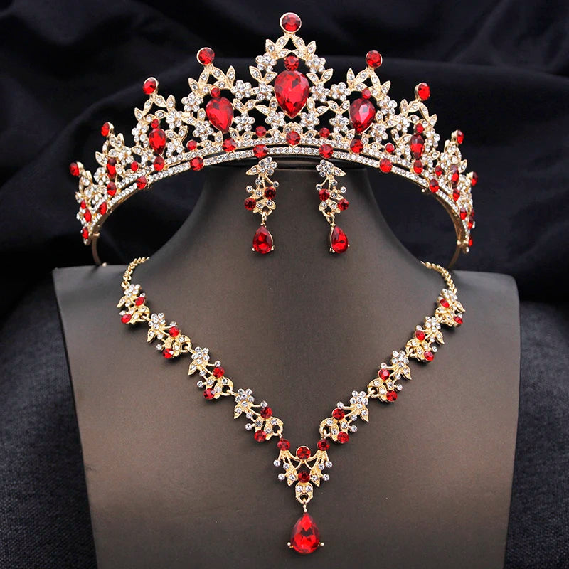 Opal Blue Princess Bridal Jewelry Set – Tiara Crown Necklace Earrings