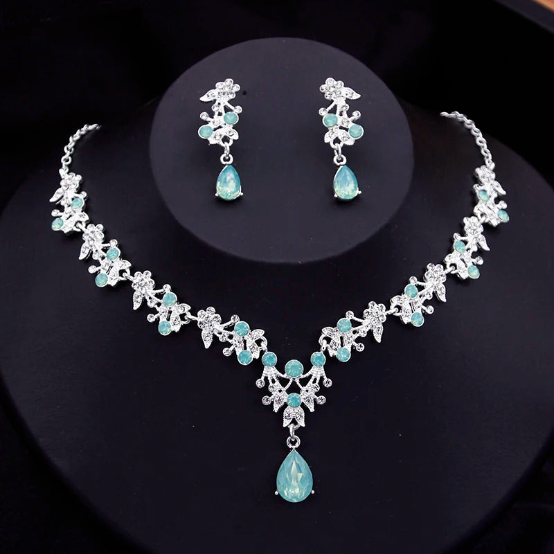 Blue Crown Bridal Jewelry Sets for Women Opal tiara Necklace Earrings Sets