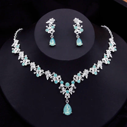 Blue Crown Bridal Jewelry Sets for Women Opal tiara Necklace Earrings Sets