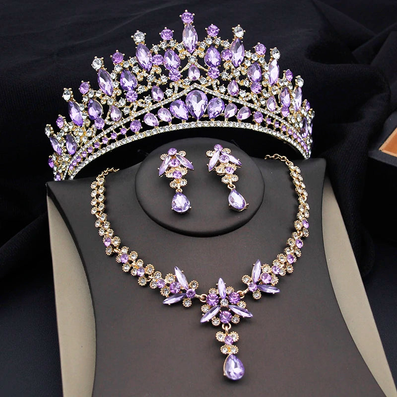 Purple Crystal Tiaras and Necklace Earrings Crown Bridal Sets Jewelry