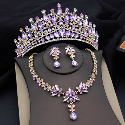 Purple Crystal Tiaras and Necklace Earrings Crown Bridal Sets Jewelry