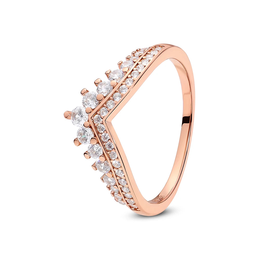 925 Sterling Silver Love Heart Crown Wishbone Zircon Ring