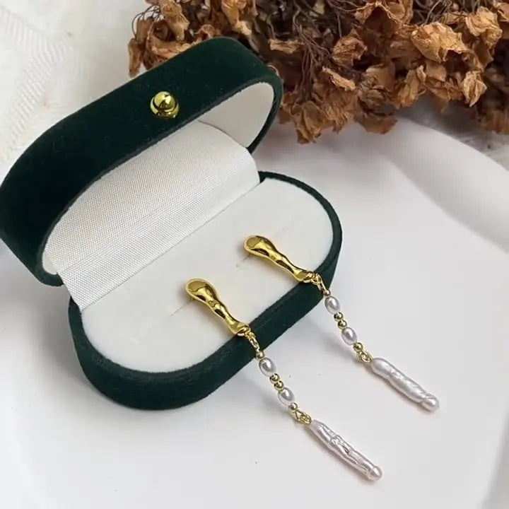 14K Gold Filled Tassel Pearl Stud Earrings for Women