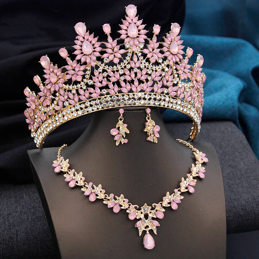 High Opal Pink Tiaras and necklace earrings Bridal Jewelry Sets for Women